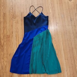 Cushnie Navy and Cobalt Dress with Green Accents. Spaghetti Straps.